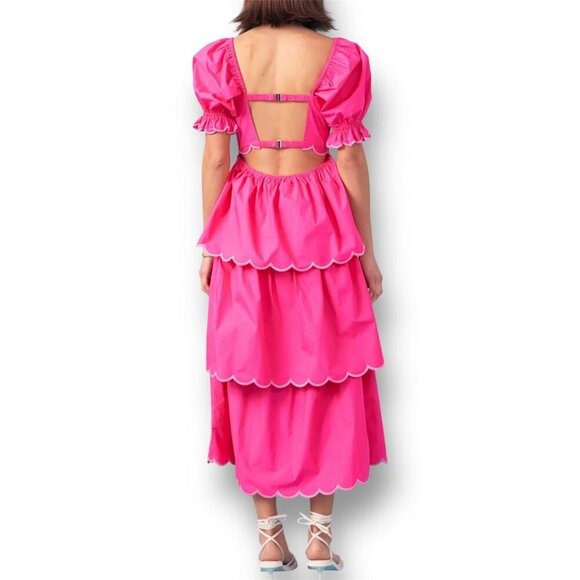 English Factory M Pink Scallop Tiered Maxi Dress Puff Sleeve Barbie Cottagecore - Picture 8 of 8